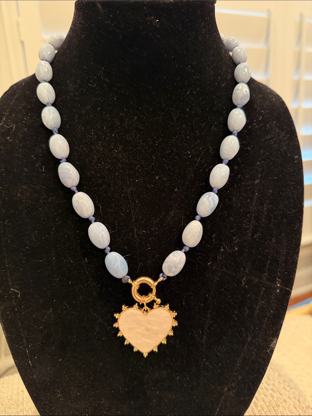 Blue Beaded Necklace with Gold Heart Pendant